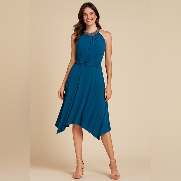 London Times Blue Beaded Halter Cocktail Dress Women’s Sz 10 - Picture 1 of 9